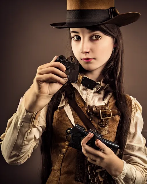 Image similar to Young girl in steampunk clothes, she wears boots and a gun, sharp focus, photography, very detailed, dark hair, by nikon, by Iphone, 4k