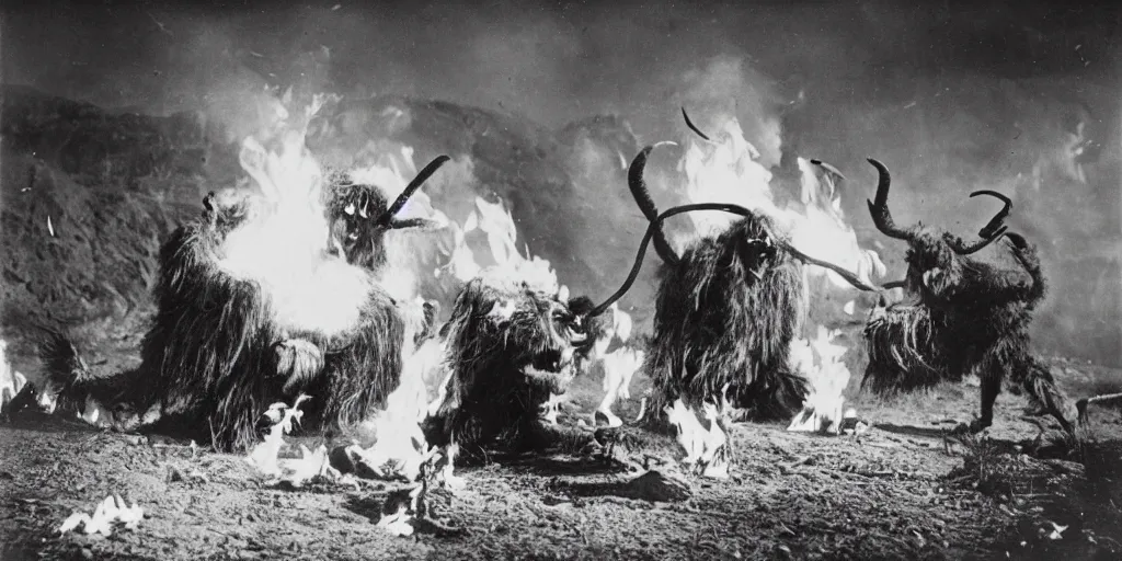 Image similar to 1 9 2 0 s photography of krampus hay monster burning, dolomites