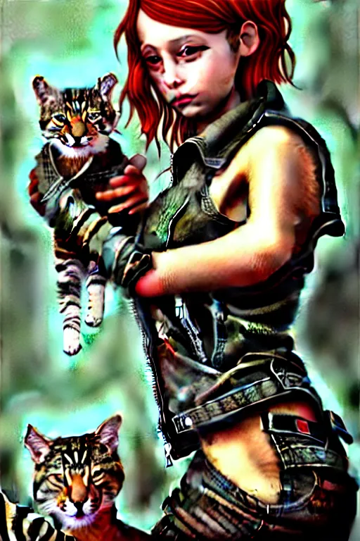 Prompt: punk rock girls making selfie with cats and smoking in jungle , mad max jacket, post apocalyptic, renaissance, highly detailed, digital painting, oil painting by Leonardo Da Vinci, hyper realistic style, fantasy by Olga Fedorova