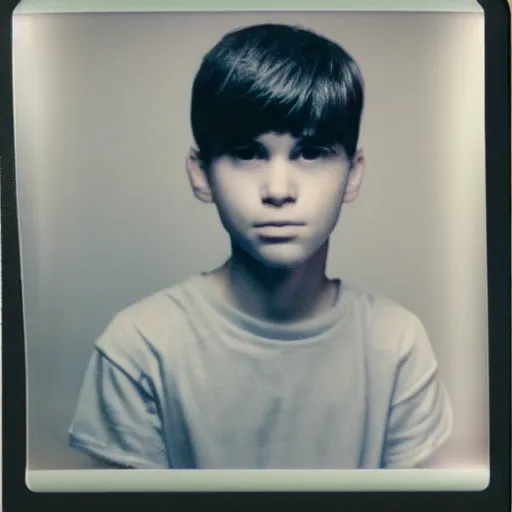 Image similar to medium shot portrait, teen male, 9 0 s bowl cut hairstyle, gecko t shirt, polaroid instant film