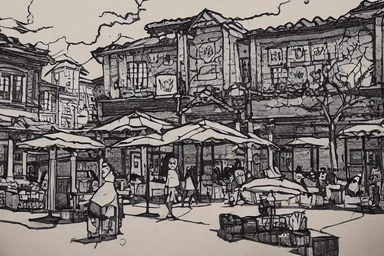 Image similar to townsquare in a sunny day, artwork by tooth wu, very coherent, dark shadow, thick lineart