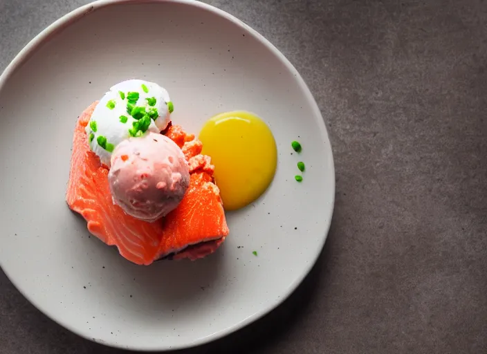 Image similar to dslr food photograph of ice cream sundae topped with salmon roe and wasabi drizzle, 8 5 mm f 1. 8