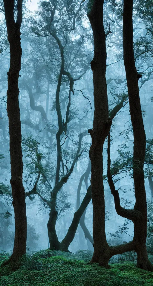 Image similar to ancient oak forest in blue hour light and misty waterfalls