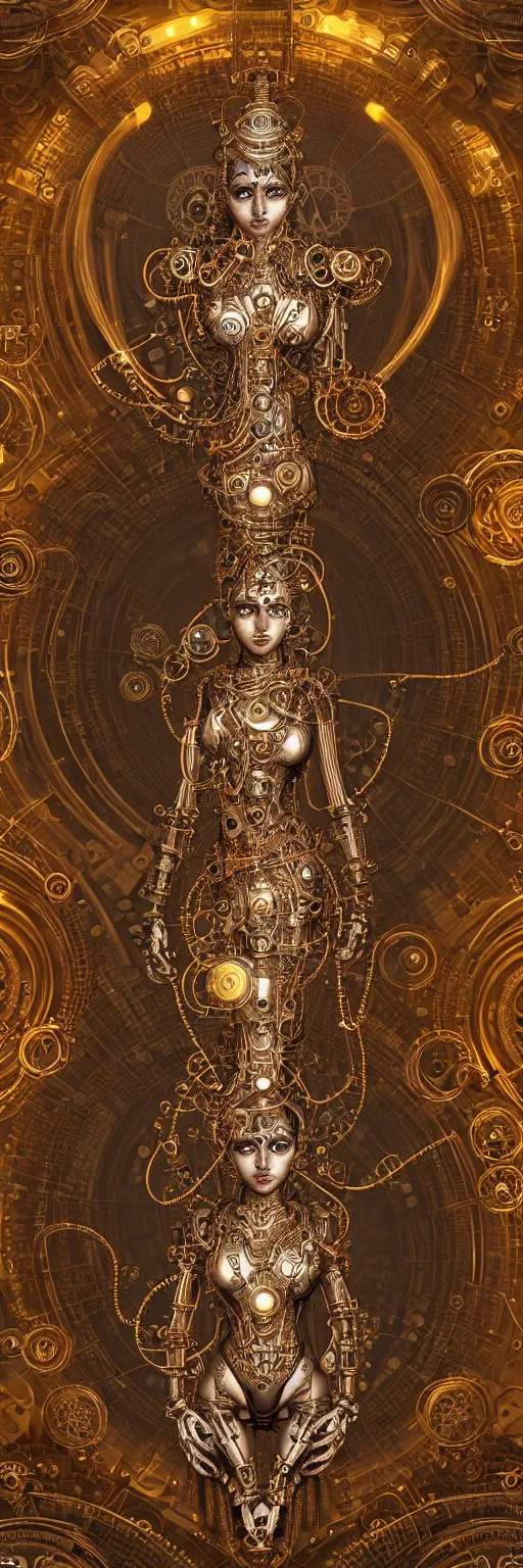 Image similar to seamless pattern of steampunk cybernetic biomechanical lakshmi, 3 d model, very coherent symmetrical artwork, unreal engine realistic render, 8 k, micro detail, gold and steel intricate, elegant, highly detailed, digital painting, artstation, smooth, sharp focus, illustration, artgerm, tomasz alen kopera, wlop