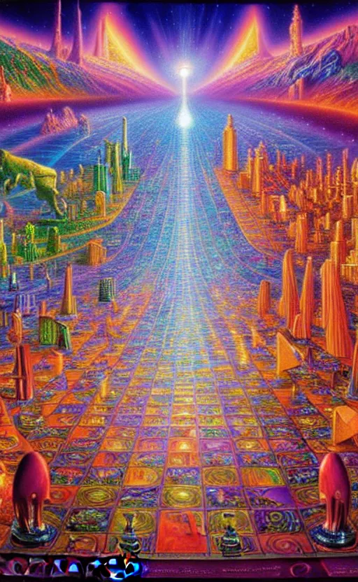 Prompt: a photorealistic detailed image of a beautiful vibrant iridescent future ornate chess city for human evolution, spiritual science, divinity, utopian, by david a. hardy, kinkade, lisa frank, wpa, public works mural, socialist