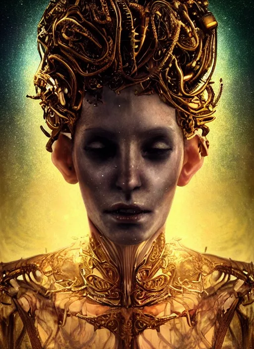 Prompt: majestic portrait of menacing, anxious, agitated yet stunningly beautiful biomechanical djinn the unwilling god of creation overseeing the iridescent fabric of the universe, by charlie bowater, mandy jurgens, gustav klimt, octane render, dramatic camera angle, 4k, 8k, high detail, HDR, by tom bagshaw, powerful, with inspiration from Beksinski, inspired by greek goddess Athena