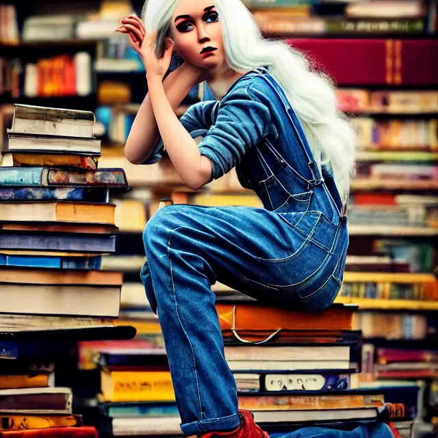 Image similar to full body pose, beautiful adult book fairy, pixar, short white hair shaved sides, dirty, grungy, grunge, long sleeve, painted overalls, stacks of giant books, highly detailed, 4 k, hdr, smooth, sharp focus, high resolution, award - winning photo, artgerm, photorealistic