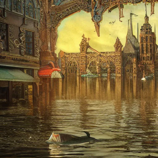 Image similar to fish swimming through a flooded city, deep aesthetic, hyper realism, highly ornate intricate details, 1 9 2 0's colored pencil, 4 k, cinematic lighting,