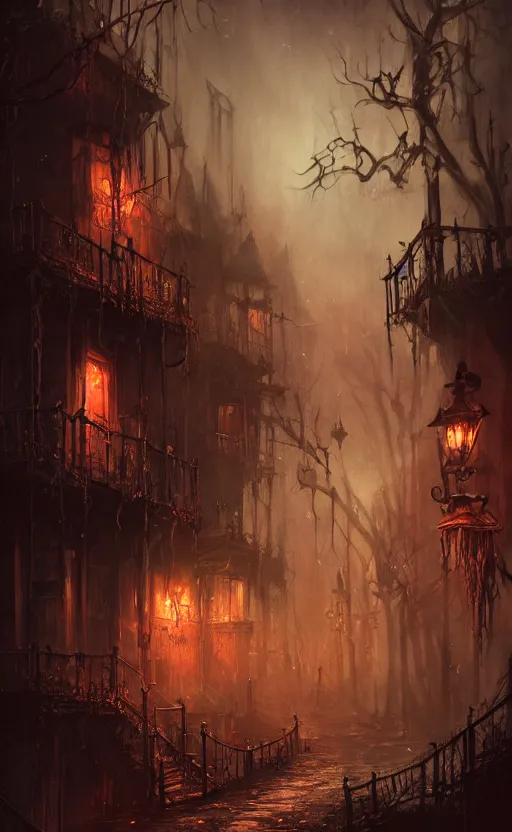 Prompt: dark fantasy concept art of a neighbour hood view at night of a halloween decorated street, dynamic lighting, photorealistic, cinematic, ultra detailed, trending on art station, creepy, lonely vibe, stunning visuals, extreme detail, eery vibe