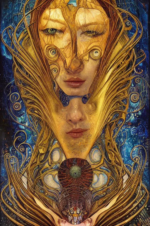 Prompt: Metamorphosis by Karol Bak, Jean Deville, Gustav Klimt, and Vincent Van Gogh, transformation portrait, chimera, visionary, cicada wings, otherworldly, fractal structures, ornate gilded medieval icon, third eye, hybrid, fusion, change, spirals, horizontal symmetry