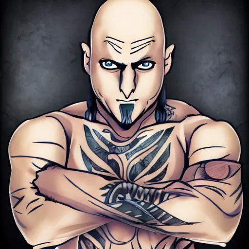 Image similar to muscular bald man, tattooed body, sword in hands, HD, anime style,