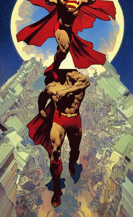 Image similar to a wide angle shot from below!!!, of a male superman with a handsome bodybuilder body walking with the swagger towards camera on mars in a infinite universe, synthwave digital art by alphonse mucha and greg rutkowski