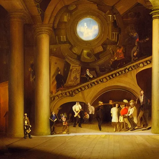 Image similar to underground tunnels inhabited by chubby white businessmen, mechanical computers, lights and switches, portal to the dreamworld, baroque oil painting