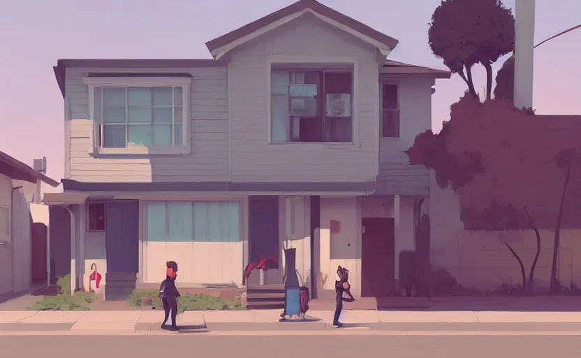 Image similar to a front view los angeles neighborhood illustration by atey ghailan, trending on artstation