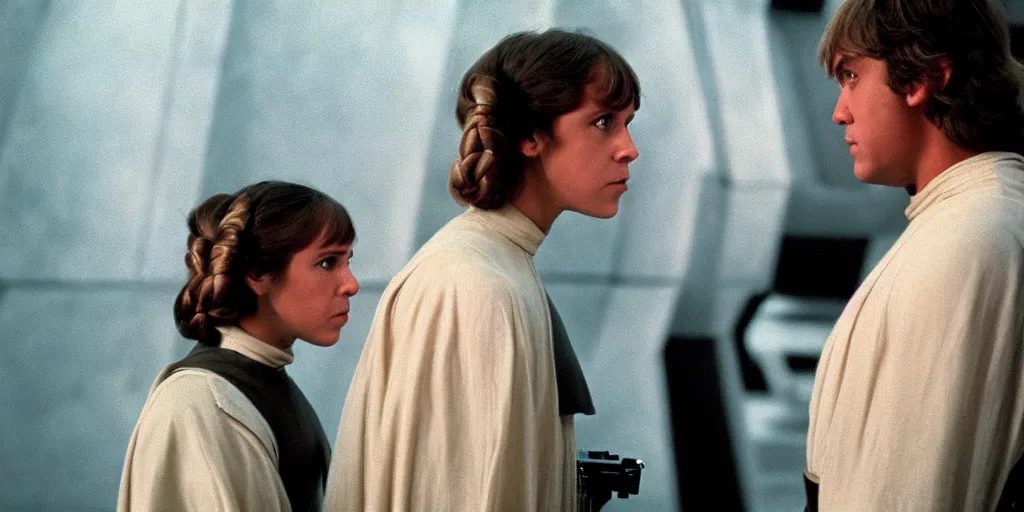 Prompt: screenshot of Luke Skywalker teaching Princess Leia the force, the two people are in a lost jedi Temple, 1970s sci fi film by Stanely Kubrick film, color kodak, Ektachrome, anamorphic lenses, detailed faces, hyper-realistic, photoreal, detailed portrait, moody cinematography, strange lighting