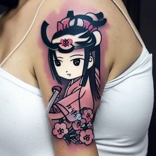 Image similar to japanese female samurai anime ninja schoolgirl, chibi, japanese anime girl Sakura flowers by Hayao Miyazaki, chibi ninja schoolgirl, kill me baby tattoo on upper arm