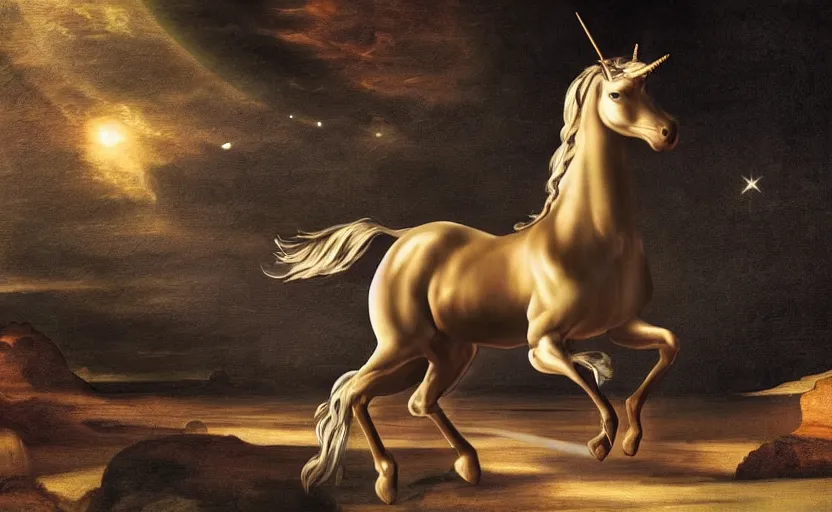 Prompt: a lonely unicorn walking on a rainbow in the universe in the style of Caravaggio, digital art, high quality, highly detailed, high coherence, anatomically correct, Caravaggio, concept art, marterpiece - 6