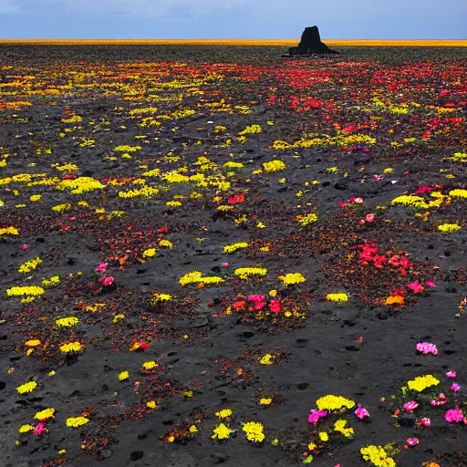 Prompt: A very intrincated and ominous tall black Rock stands in the middle of an plain covered with colorful flowers