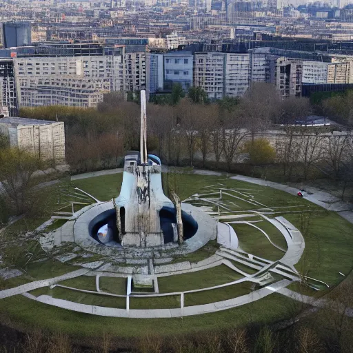 Image similar to aerial view of brutalist extensive monument ricardo bofill ( ( ( ( ( park ) ) ) ) ) spomenik with ( ( railings ) ) photo, 4 k