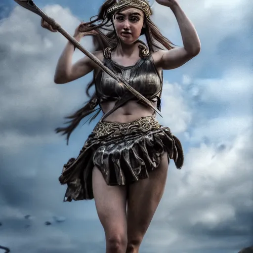 Prompt: Greek goddess Athena fighting with stupidity, stupidity is represented by internet influencers, realistic person, spear in the right hand, long hair, natural look, realistic photography, hyper realistic, highly detailed, 4k, battle landscape, high quality image, couraging and atmospheric composition