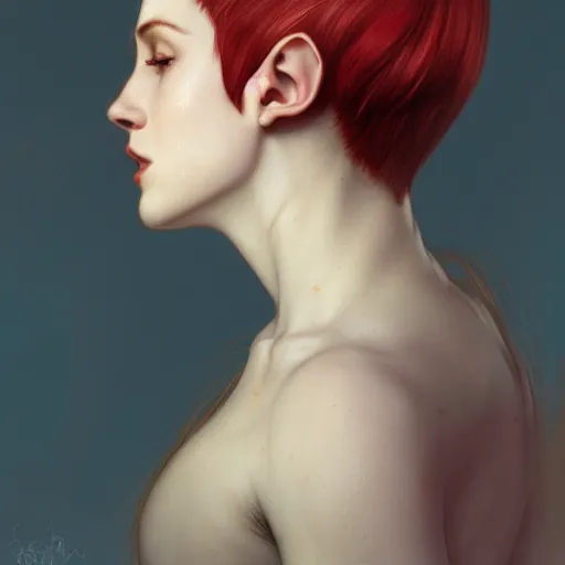 Prompt: side portrait of very beautiful elf, crown, hair over face, headshot, looking up, hyper realistic, pale skin, bright red hair, 4k, rule of thirds, extreme detail, detailed drawing, trending artstation, hd, fantasy, D&D, realistic lighting, by Alphonse Mucha, Greg Rutkowski, sharp focus, backlit, elegant