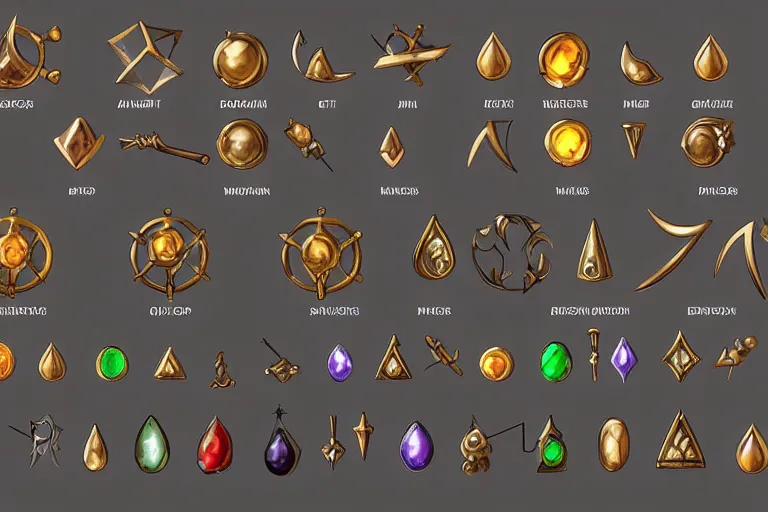 Prompt: design sheet of various alchemist tools, magic gems, props