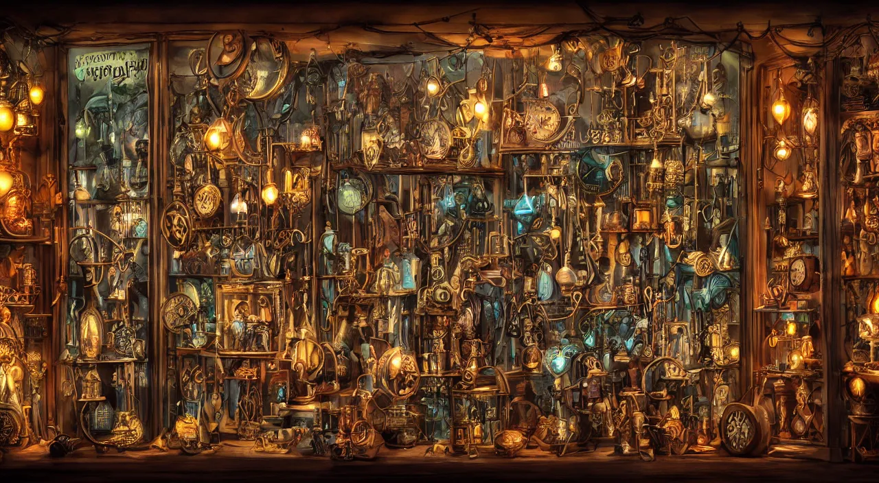 Prompt: steampunk shop window by don bluth, darkness, neon lights, photo realistic, completely filled with interesting oddities, things hanging from ceiling, light bulbs, cinematic