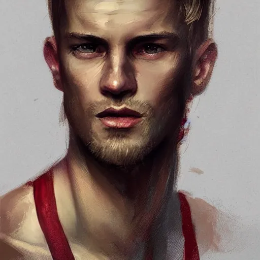 Image similar to Portrait of a man by Greg Rutkowski, he is about 30 years old, short blond hair, athletic and strong, straight jaw, wearing red tank top, older brother vibes, highly detailed portrait, digital painting, artstation, concept art, smooth, sharp foccus ilustration, Artstation HQ.