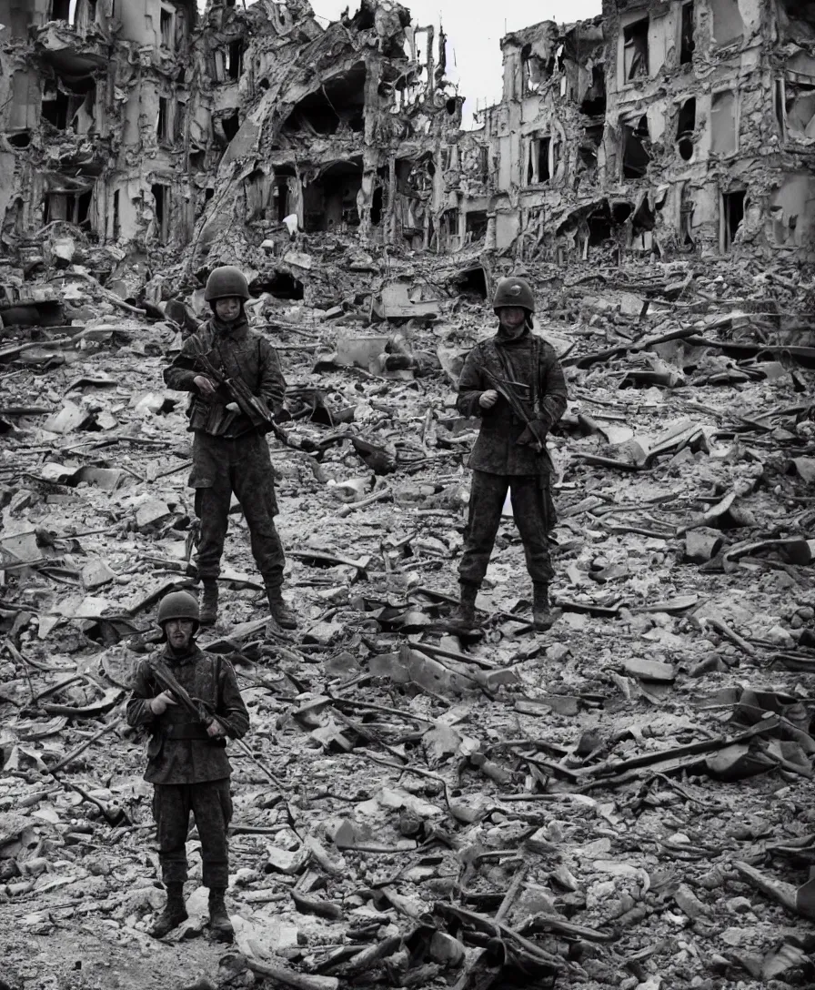 Prompt: Photograph of a soldier in the battle of Kiev standing in font of bombed out buildings. It is twilight and rockets are flying overhead. The year is 2023.