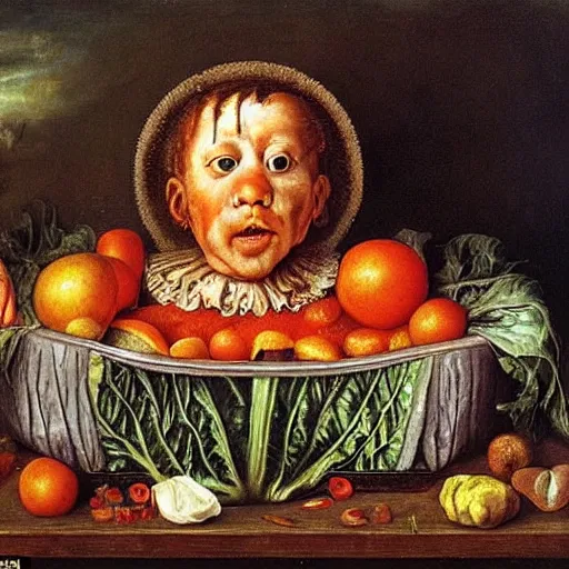 Prompt: a boy sitting in a tub full of tomato sauce, a lot of cabbage, by giuseppe arcimboldo and ambrosius benson, renaissance, portrait, fruit, intricate and intense oil paint, realistic, award - winning