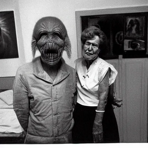 Image similar to alien is photographed with his beloved grandmother, soviet apartment, top secret style, realistic photo, 1 9 7 0 s, color