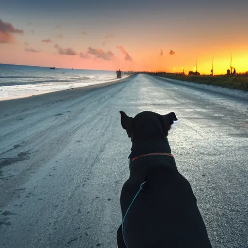 Prompt: a photo of a dog driving a car along a beach road in miami in sunset, photo realistic 8k