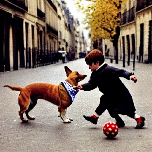 Image similar to a french boy on the streets of paris playing football against a corgi, the dog is wearing a polka dot scarf, book illustration, 1 9 6 6