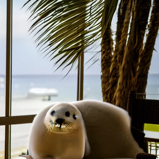 Image similar to a baby harp seal sitting near a box marked top secret, sitting on a beautiful dark leather chair at a luxury resort, palm trees outside the windows, panasonic, photo, gentle bokeh