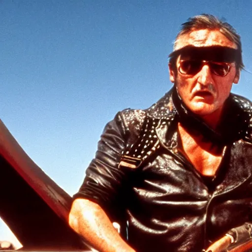 Prompt: Film still of Dennis Hopper in Mad Max 2: The Road Warrior