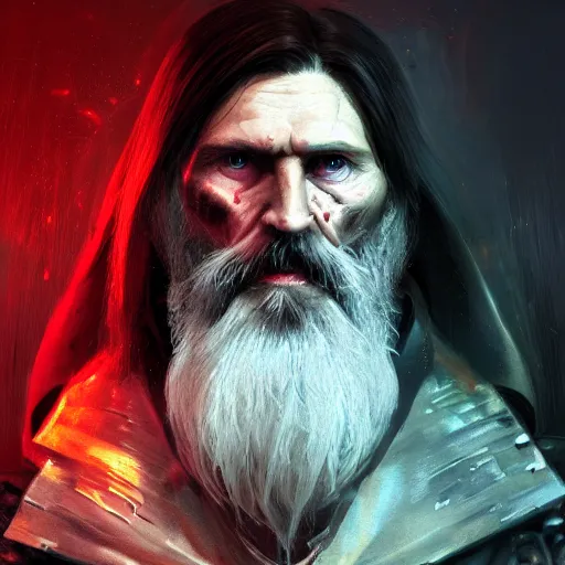 Image similar to grigori rasputin portrait, dystopia core, apocalyptic, armor, warrior, dramatic, sharp focus, fiction, neon, fantasy, hyper detailed, digital art, trending in artstation, cinematic lighting, studio quality, smooth render, unreal engine 5 rendered, octane rendered, art style and nixeu and wlop and krenz cushart