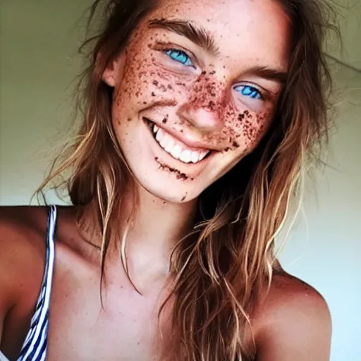 Image similar to a trending photo of over a million views from a female fashion model's instagram account, summer, freckles, smile, green eyes, natural, easygoing, healthy