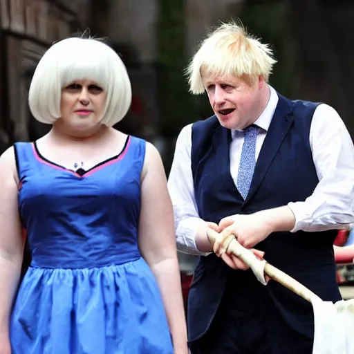 Image similar to boris johnson looking depressed in a maid costume