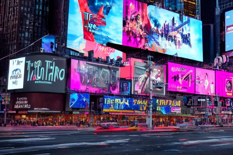 Prompt: photo of a billboard on times square, screen show concert promo, band name is tripmachine, realistic digital art, on the screen is a 3 d render of a huge futuristic steampunk generator, 8 k, fluorescent colors, halluzinogenic, multicolored, exaggerated detailed, unreal engine