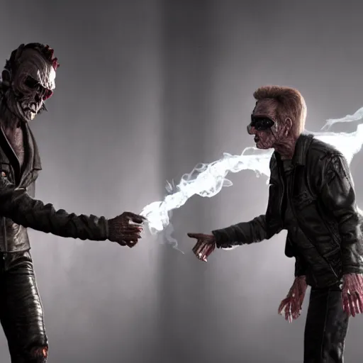 Image similar to apocalyptic, amagician shaking the hand of the terminator. they are best friends. smoke. volumetric lighting, sharp focus, ultra detailed, cgsociety - w 1 0 2 4 - n 8 - i