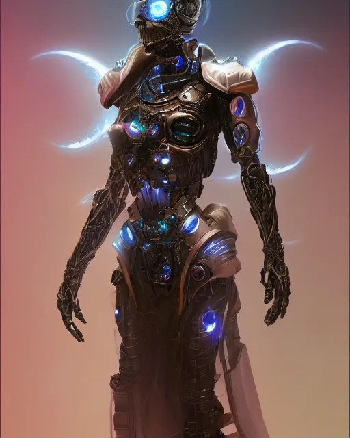 Prompt: benevolent android necromancer, aura of light, artificial intelligence, kind face, perfect, scifi, futuristic, highly detailed, trending on artstation, advanced technology, art by vitaly bulgarov