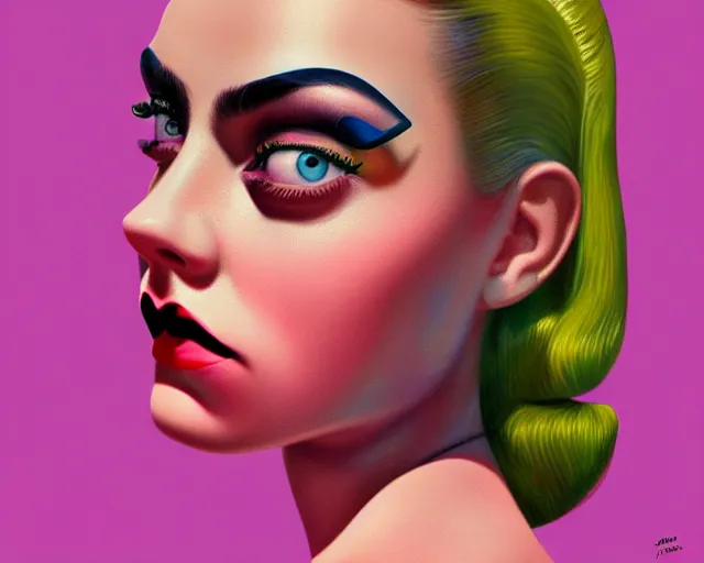 Prompt: closeup profile portrait of a 1 9 5 0 s cara delevigne wearing a bikini, mark ryden, lostfish, max fleischer, hyper realistic, artstation, illustration, digital paint, matte paint, vivid colors, bright, cheerful, detailed and intricate environment