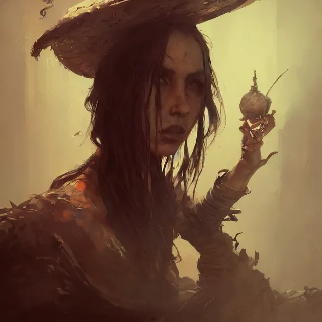 Image similar to a painting of a stoner witch by greg rutkowski, dark fantasy art, high detail, trending on artstation