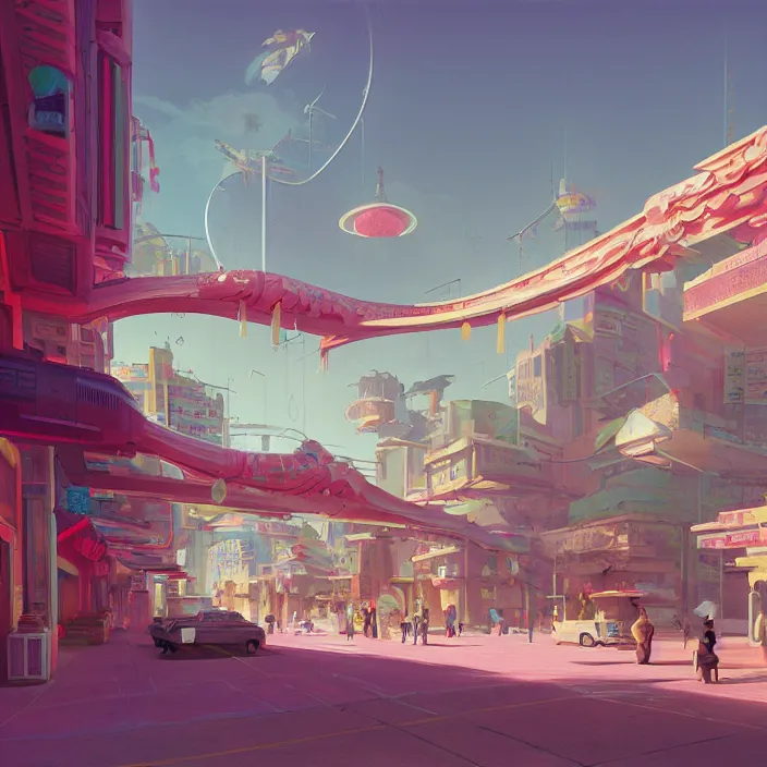 Prompt: chinatown, science fiction, extremely detailed, sharp focus, pastel colors, intricate, hard light, illustration, volumetric lighting, digital painting, by roger dean, by santiago calatrava, by simon stalenhag