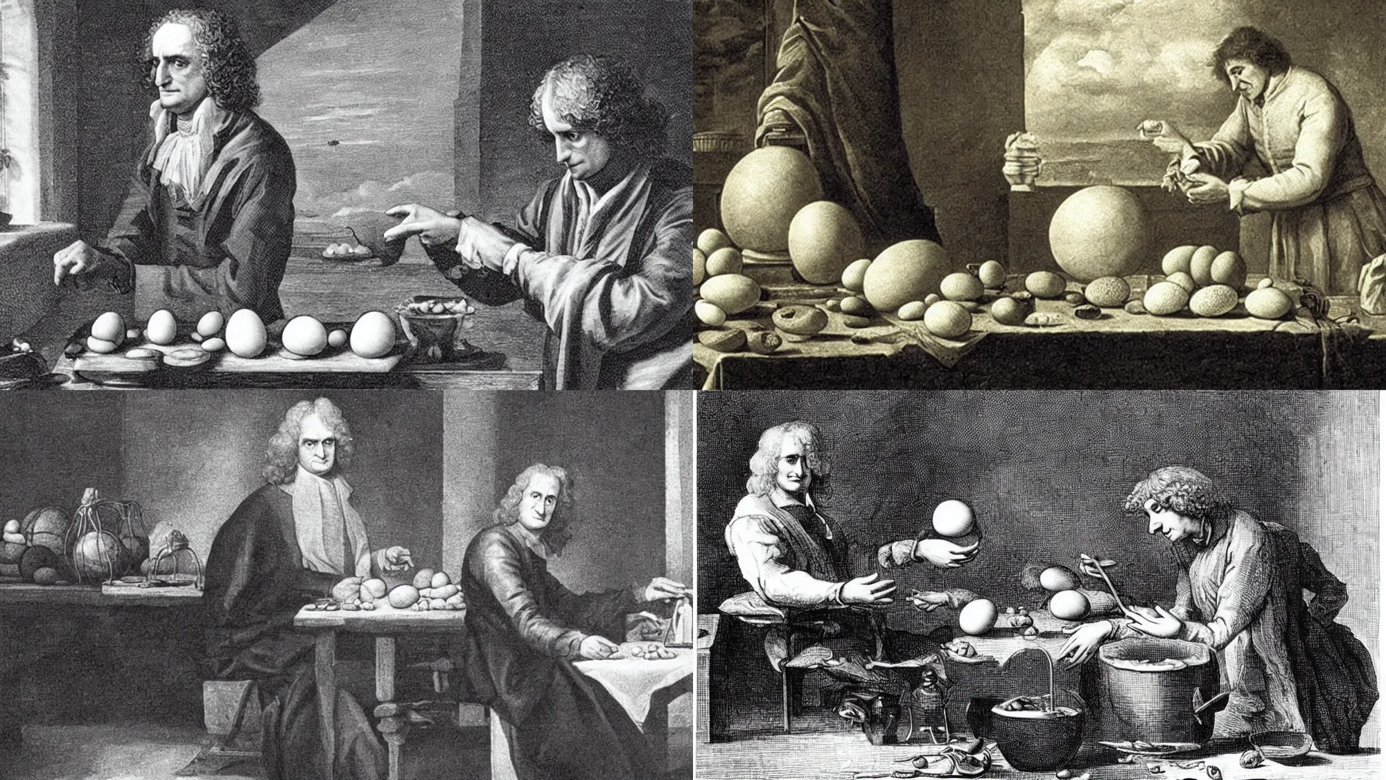 Prompt: Isaac Newton examining eggs