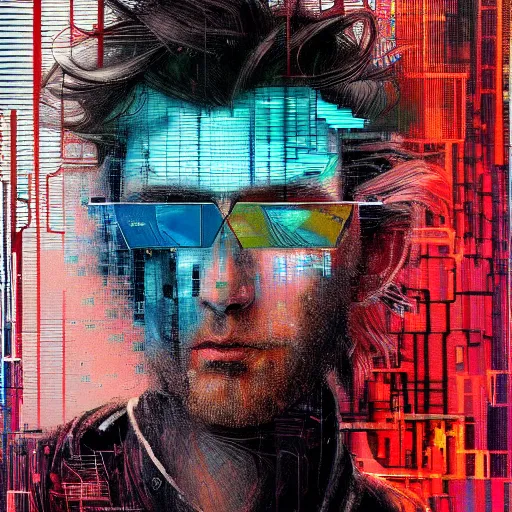 Prompt: hyperrealistic portrait of a cyberpunk man, long hair, by Guy Denning, Johannes Itten, Russ Mills, glitch art, hacking effects, glitch effects, digital glasses, digital tech effects, cybernetics, detailed lines, chromatic, color blocking!, oil on canvas, front view, front facing, highly detailed, symmetrical, octane, concept art, abstract, blue and black, 8k, cinematic, trending on artstation