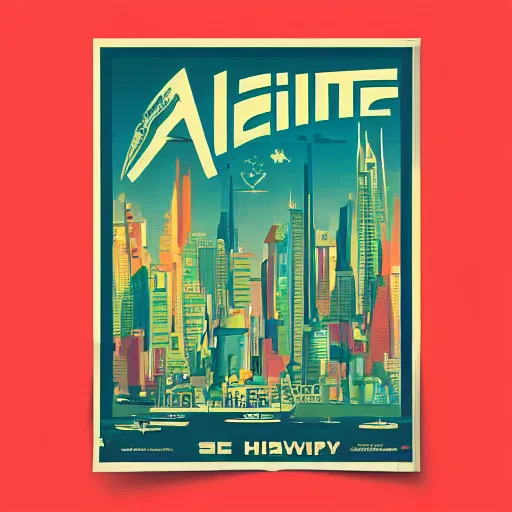 Image similar to a colorful vintage poster of a city on an alien planet, highly detailed