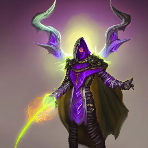 Prompt: demon warlock with white horns, young, purple cloak , still, digital painting, trending on artstation, masterpiece, in the style of JB Casacop
