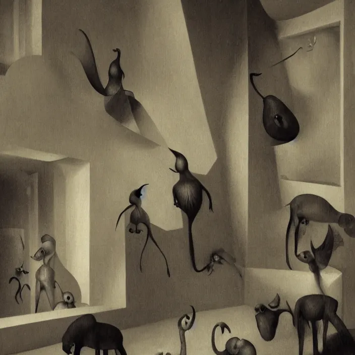 Image similar to group of creatures with distinct personalities, in an urban hotel room, close - up of the faces : : surreal architecture, chiaroscuro lighting, mysterious atmosphere : : oil painting by leonora carrington, hieronymus bosch and edward hopper, ultra - detailed technical precision : : matte painting, high definition, octane render, unreal engine, 8 k