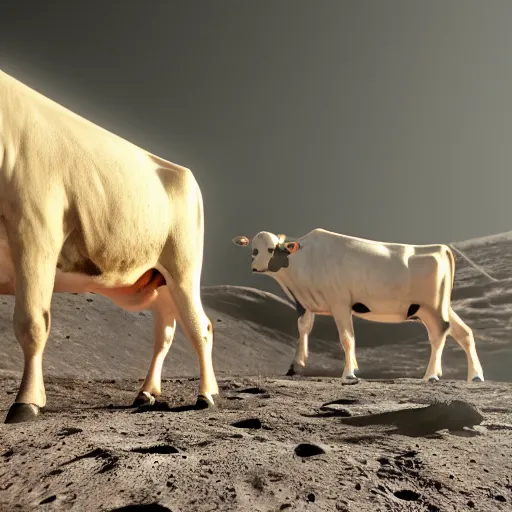 Image similar to realistic picture of cows on the moon, sunlight, detailed, realism, glow, 8k,